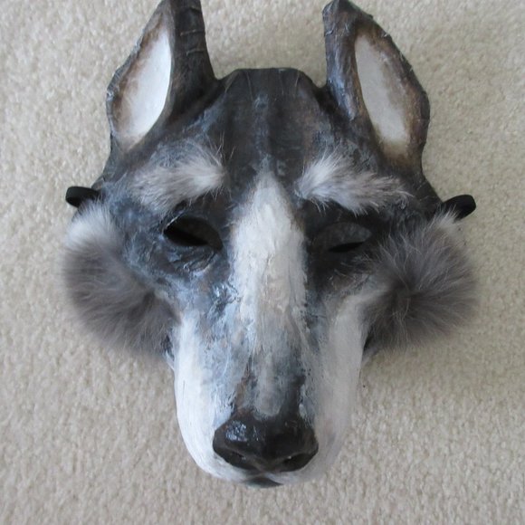 NEW Paper Mache WOLF Mask w/ Real Fur Eyebrows and Cheeks - UNISEX MASK - Picture 2 of 5